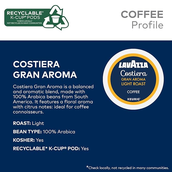 Lavazza Costiera Gran Aroma,Single-Serve Keurig K-Cup Pods,Light Roast Coffee,60-Count Box,(Pack of 12)