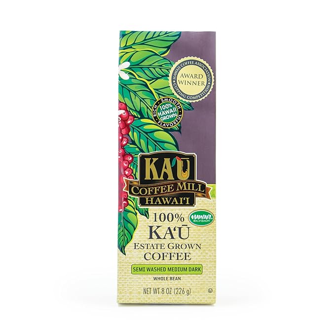 Ka'u Coffee Mill Semi Washed Medium Dark Roast Whole Bean Coffee - Stone Fruit, Citrus, & Milk Chocolate Notes - Handpicked & Semi-Washed Hawaii Grown Arabica Beans - Gourmet Small Batch - 8oz