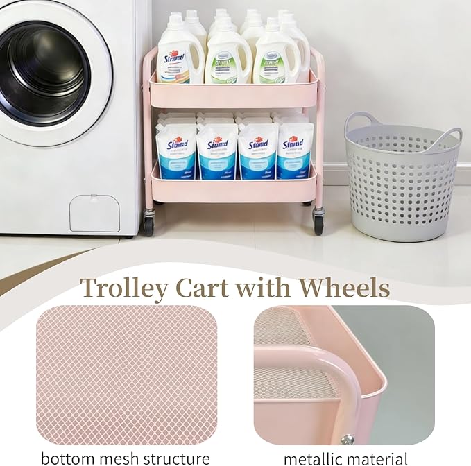 2 Tier Pink Rolling Cart with Wheels for Under Desk Storage, Large Capacity Rolling Pantry & Kitchen Storage Cart for Small Space, Sturdy Metal Bathroom Shelf Laundry Room Organization