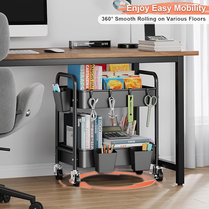 2 Tier Small Rolling Metal Cart with Wheels, Black Under Desk Storage Cart on Wheels, Short Utility Roller Carts Organizer for Pantry, Bathroom,Kitchen,Office, Two Tiered Mobile Storage Shelf Trolley