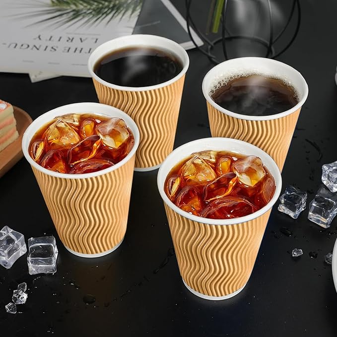 BYSNOW 100 Pack 12 oz Disposable Paper Coffee Cups, Leak Proof Insulated Ripple Wall Hot Cups for Espresso, Coffee, Tea, Hot Chocolate, To Go Drinks (Home, Office, Cafe Bar)