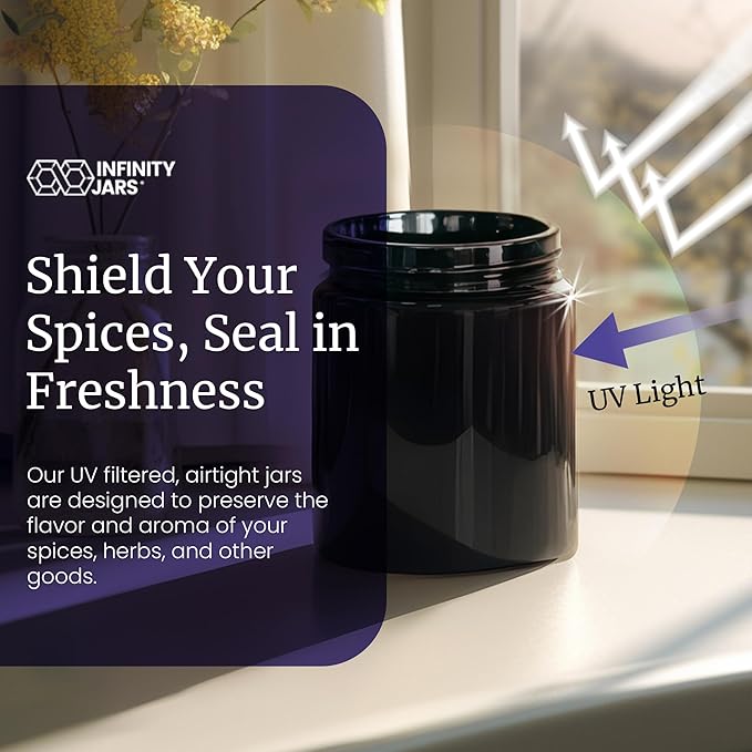 Infinity Jars, Premium Airtight Ultraviolet Glass Jar 250  ML (8.3 fl oz) Pack 10 Smell Proof, Antistatic, Light Blocking Container for Herbs, Coffee, Tea & Spices Durable, Travel-Friendly Storage