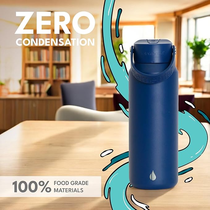 Elemental 40oz Insulated Water Bottle with Straw - 100% Leak-Proof Stainless Steel Core Water Bottles for Travel, Sports and Gym - Double Wall Insulation & BPA Free - Navy