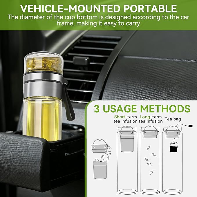 Tea Infuser Bottle, Glass Tea Infuser Bottle Double Wall Portable Tumbler Mug Travel Tumbler Mug Men (Steel Color)