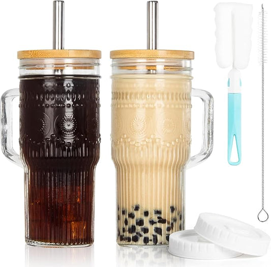 Glass Cups with Bamboo Lids and Straws, 24oz Glass Tumbler with Handle, Stainless Steel Straws & Cleaning Brushes – Boho Pattern Iced Coffee Cup for Smoothies, Tea, and Gifts, Set of 2