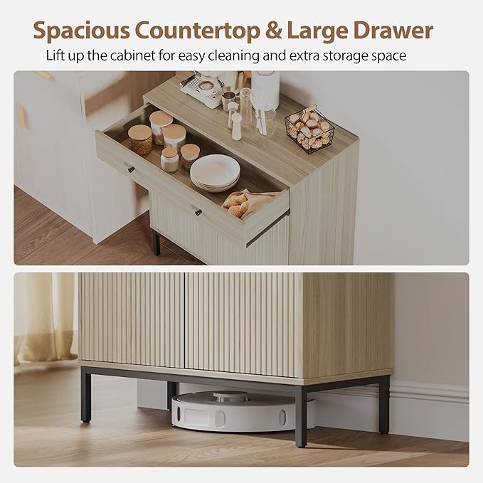 Mericonia Farmhouse Buffet Sideboard Cabinet with Storage, Fluted Coffee Bar with Doors and Adjustable Shelves, Modern Wood Console Cabinet for Kitchen, Livingroom (Fluted 2 Door, Oak)