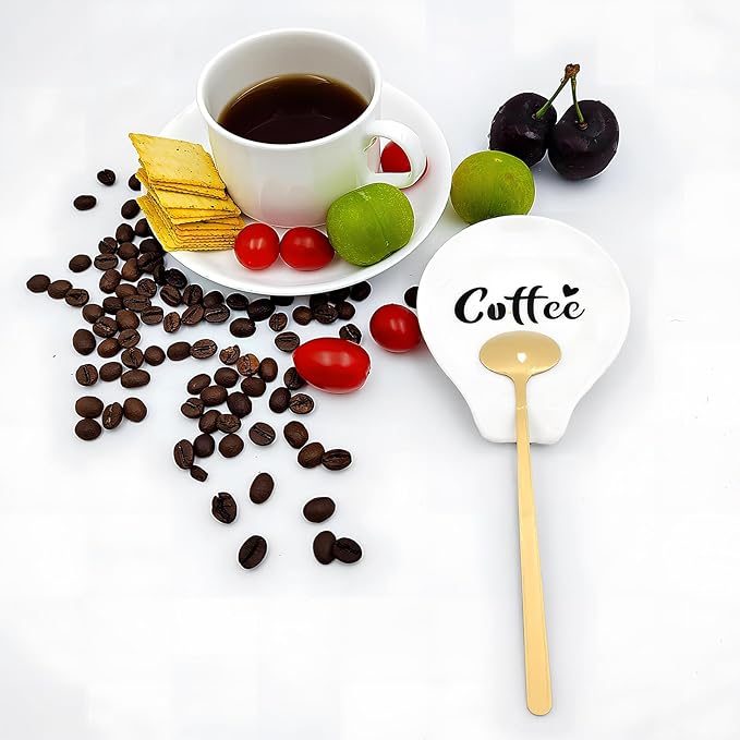 2 Pcs Coffee Spoon Rest, Monogram Ceramic Spoon Holder for Tablespoon, Teaspoon, Bar Spoon, With 2 Pcs Spoon for Coffee Lovers Girlfriend Wife Husband Anniversary Friends
