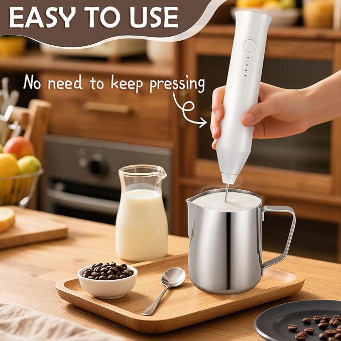 Powerful Milk Frother - Electric Handheld Milk Frother with Stand, Milk Jug and 2 Stainless Steel Blenders, Rechargeable 3 Speed Coffee Latte Cappuccino Matcha (White)