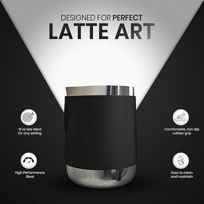 Rattleware 12 Oz Handle Free Latte Art Pitcher Stainless Steel with Rubber Grip Durable Heat Resistant Milk Frothing Pitcher for Baristas Home Cafes and Coffee Shops