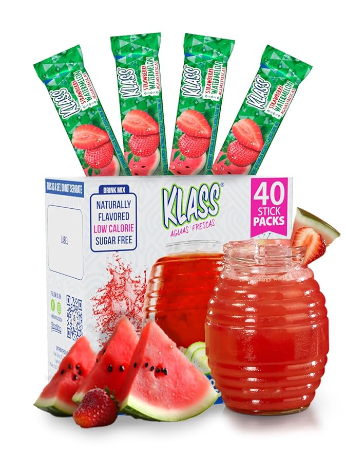Klass Aguas Frescas, Powdered Drink Mix, 40 Singles Zero Sugar & Caffeine-Free Powder Packets, Water Drink Mix, Flavor: Strawberry Watermelon - 5 Calories Per Packet & Natural Flavors