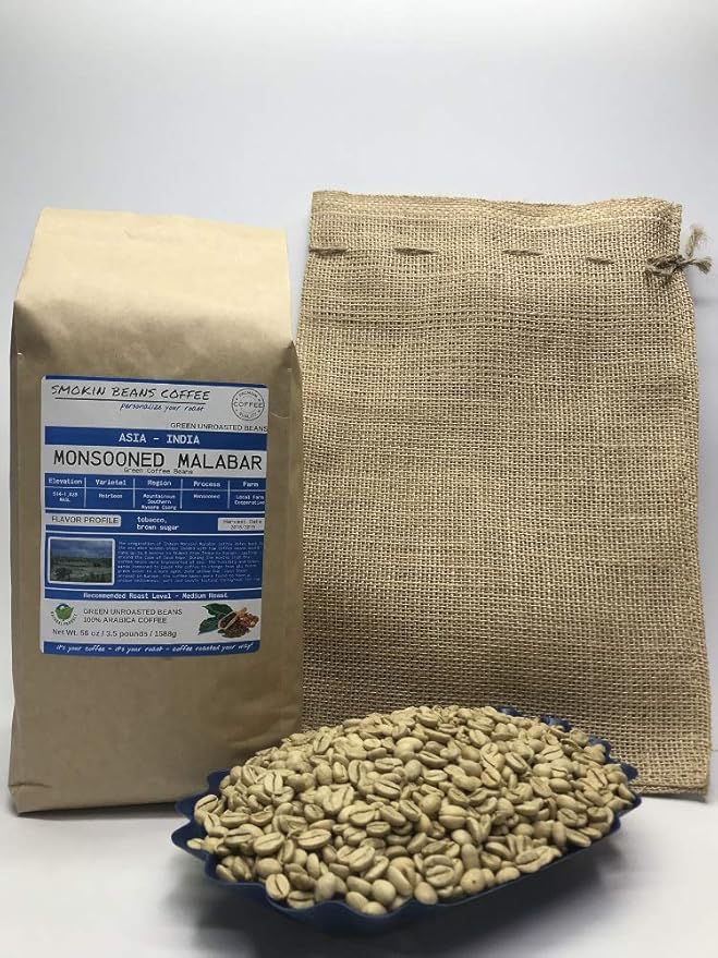 3.5-Pound India Monsooned Malabar Unroasted Green Arabica Coffee Beans Fresh Current Crop Specialty Grade Roast the Beans Yourself at Home on Your Roasting Equipment Prior to Using for Brewing Coffee