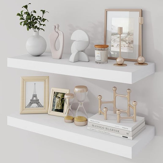 24 Inch Floating Shelves, 9.3" Deep Floating Shelf Wall Mounted, 24" Wall Shelves, Rustic Deep Bookshelf, Large Display Shelves & Storage Shelves for Bedroom, Living Room, White, Set of 2