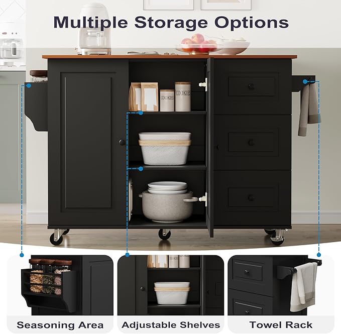 Mobile Kitchen Island with Drop Leaf, Rolling Kitchen Cart with 3 Drawers, Kitchen Storage Cabinet on Wheels, Island Table with Towel and Spice Rack for Dining Room, Living Room, Black