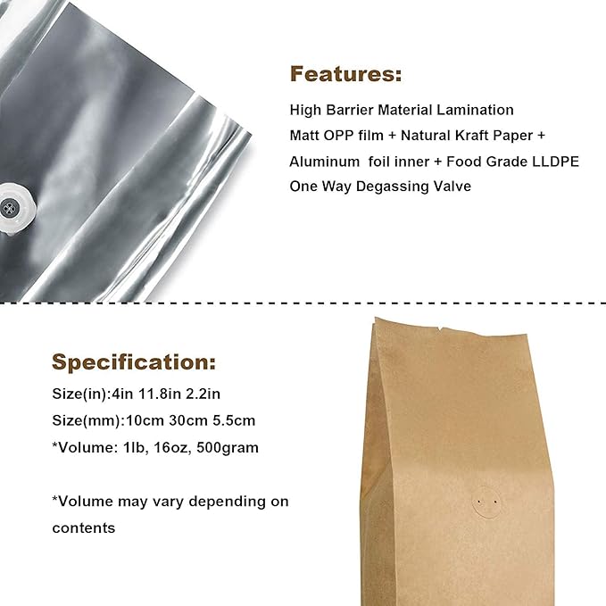 Kraft Paper Stand Up Coffee Bag/Side Gusset Pouch with Flat Bottom Coffee Beans Pouch with One Way Degassing Valve, 50 Pieces (Natural Kraft, 500g, 16oz, 1lb)