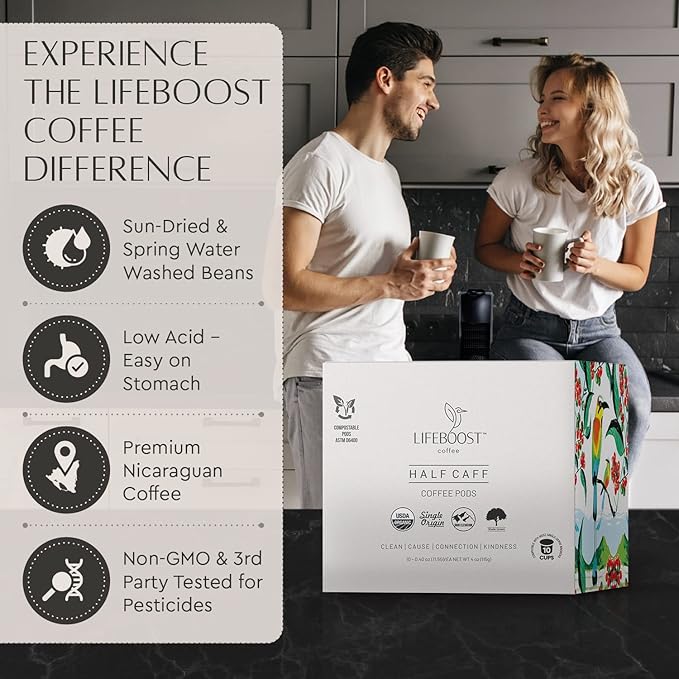 Lifeboost Half Caff Coffee K Cups - Low Acid Half Caff Coffee Pods - Non-GMO Mold Free Pods Compatible with Keurig & Keurig 2 - Third Party Tested for Mycotoxins and Pesticides - 10 Count