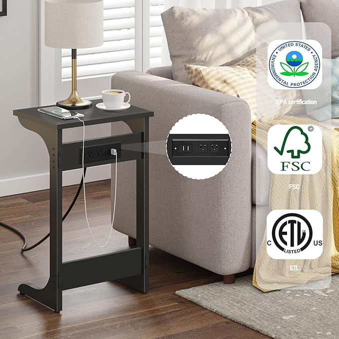 TUTOTAK C Shaped End Table with Charging Station, Set of 2, Couch Table, Tv Tray Table with 2 USB Ports and Outlets, Sofa Side Table for Small Spaces, Living Room, Bedroom TB01BK0442
