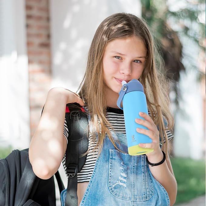 18oz Kids Insulated Water Bottle with Straw Lid & Silicone Handle,Kids Leak Proof Water Bottle for School Boys Girls,Double Wall Vacuum Stainless Steel with Non-slip Silicone Base(Blue)