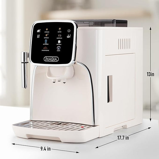 Zulay Kitchen Magia Clasica Automatic Espresso Machine with Built-In Grinder, Touch Panel Coffee Maker, Steam Wand Milk Frother, Adjustable Strength, Self-Cleaning, Cream & Silver