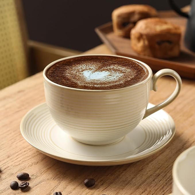 12Oz Coffee Cups with Saucers, Ceramic Espresso Cup Set of 4, Cappuccino Cups Set, Tea Mugs and Saucer, Microwave Dishwasher Safe Drinkware for Home, Cafe, Housewarming Gifts