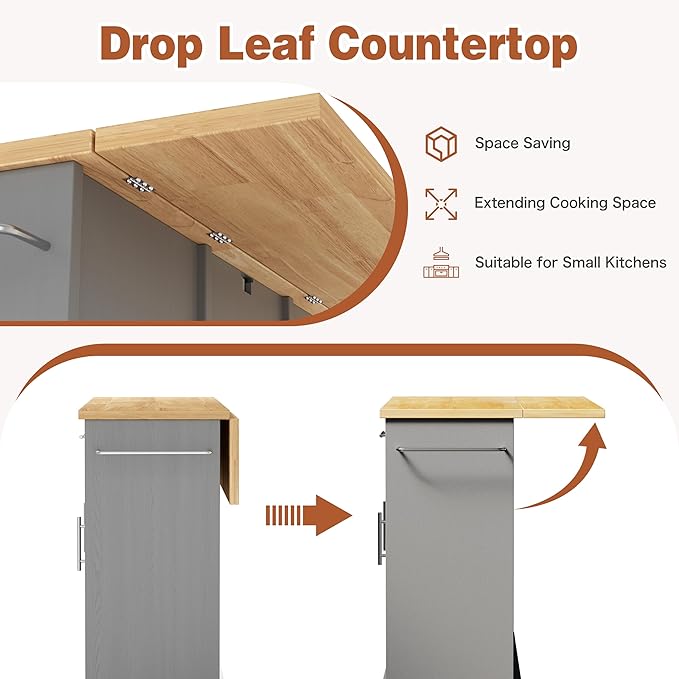 JY QAQA 42" Kitchen Island with Storage on Wheels, Rolling Table with Drop Leaf, Drawers, Cart Handle for Towel Rack or Free Movement, Gray