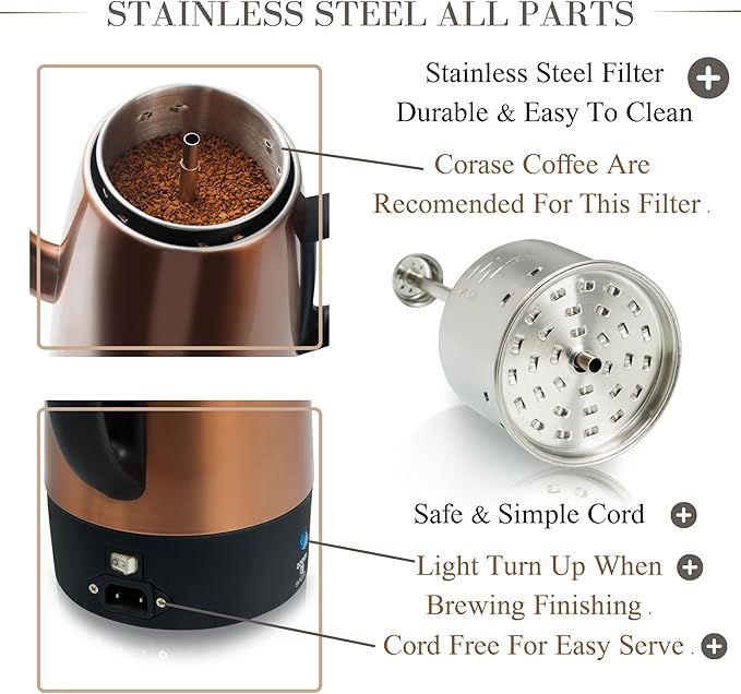 Moss & Stone 10 Cup Copper Percolator Coffee Pot Electric, Stainless Steel Coffee Percolator Electric With Keep Warm Function, Classic Perculator Pot With Removable Basket for Home or Office