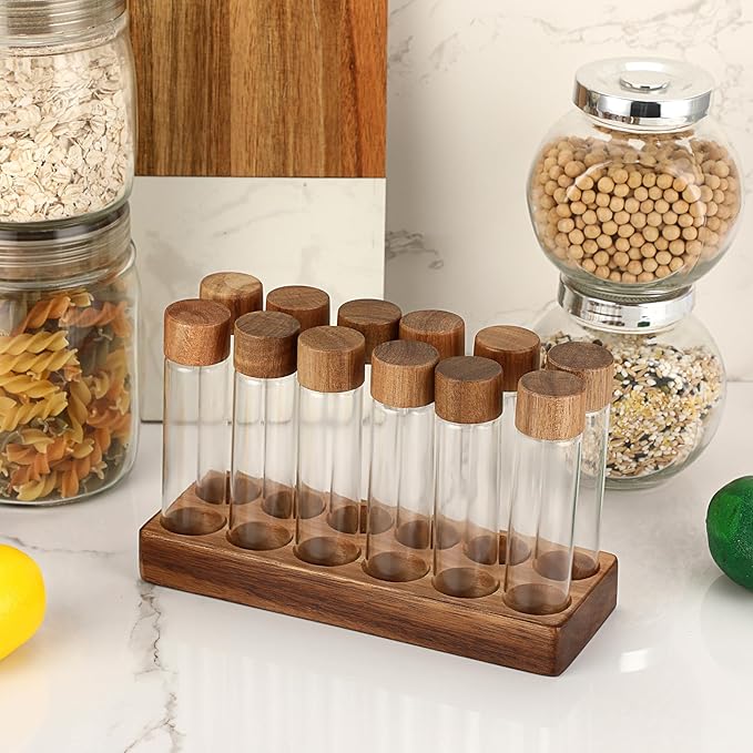 JUXYES Set of 12 Single Dose Coffee Bean Storage Tubes with Wooden Stand and Lids, Dosing Glass Vials for Coffee Storage, Coffee Bean Container Cellars, Espresso Bean Canisters Set, 2 fl oz