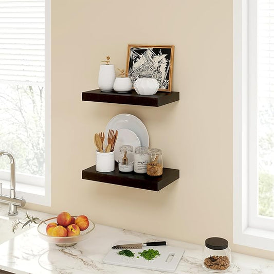 16 Inch Floating Shelves, 9.3" Deep Floating Shelf Wall Mounted, 16" Wall Shelves, Rustic Deep Bookshelf, Large Display Shelves & Storage Shelves for Bedroom, Living Room, Black, Set of 2