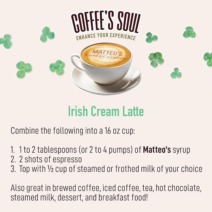 Matteo's Irish Cream Syrup for Coffee, Lattes, Cappuccinos & Desserts – Sugar-Free Sweetener for Beverages, Keto Friendly, Zero Calories, Indulgent Flavor, Non-Alcoholic, 33.8oz (1pk)