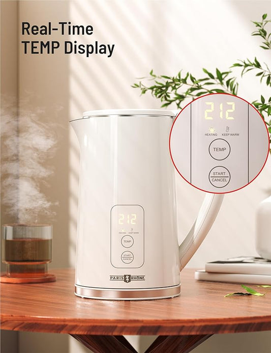 Electric Tea Kettle, PARIS RHÔNE1.7L Temperature Control Electric Kettle, 4H Keep Warm Water Boiler with 6 Presets, LED Screen Electric Kettles for Boiling Water, Boil-Dry Protection, BPA Free