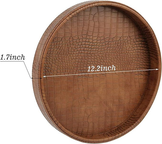 HofferRuffer Faux Leather Round Serving Tray, Vegan Croco Leather Decorative Food Tray for Storage Drinks, Snack & Cosmetics, Dia.12'' x 1.6'' (Antique Brown)