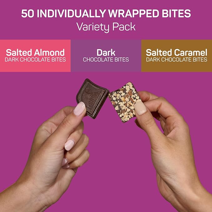AWAKE - Caffeinated Chocolate Bites - USA Variety Pack (3 Flavors) 50 Bites - Dark, Salted Caramel, & Salted Almond - 50mg Caffeine - Coffee Alternative - Fairtrade - Gluten-Free - Non GMO - 0.48oz