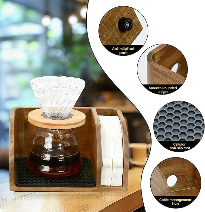 Acacia Coffee Bar Station Organizer Stand, Wooden Pour Over Maker Caddy Storage Organizers, Coffee Filter Holder for Countertop with Heatproof Mat (9.4*7*5.1 inch) Glass Cofee Maker not included