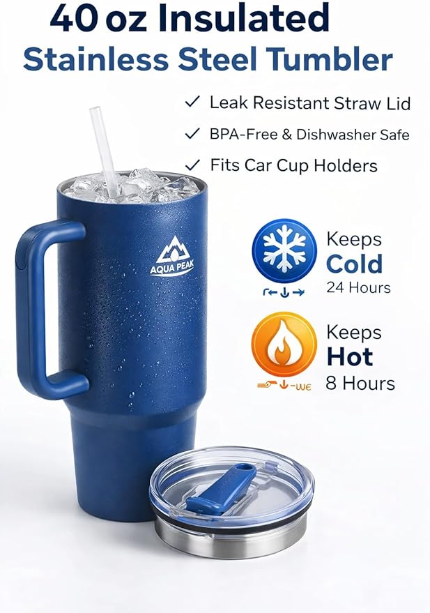 40 oz Insulated Stainless Steel Tumbler with Handle & Lid, Vacuum Travel Mug for Hot & Cold Drinks, Fits Car Cup Holder – Blue