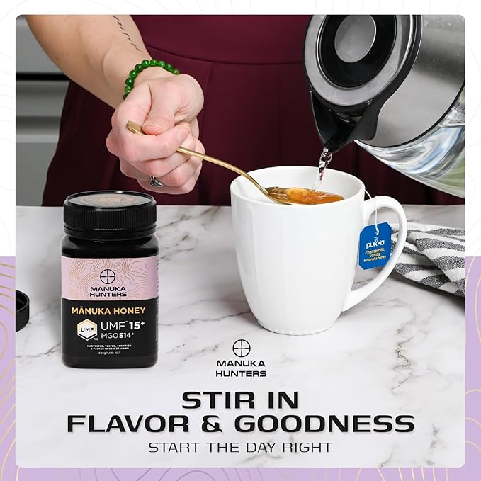 Manuka Hunters UMF 15+/MGO 514+ Certified New Zealand Manuka Honey - 100% Pure Natural Sweetener - Gluten, Dairy Free - Ideal for Tea, Coffee, Smoothies, and Baking - Sustainable - 1.1lbs/500g Jar
