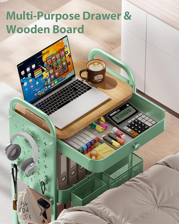 ALVOROG Rolling Cart with Drawer and Wood Table Top, 3 Tier Metal Rolling Utility Cart on Wheels with DIY Pegboards, Hanging Baskets, Hooks for Bedroom,Office,Craft Supplies