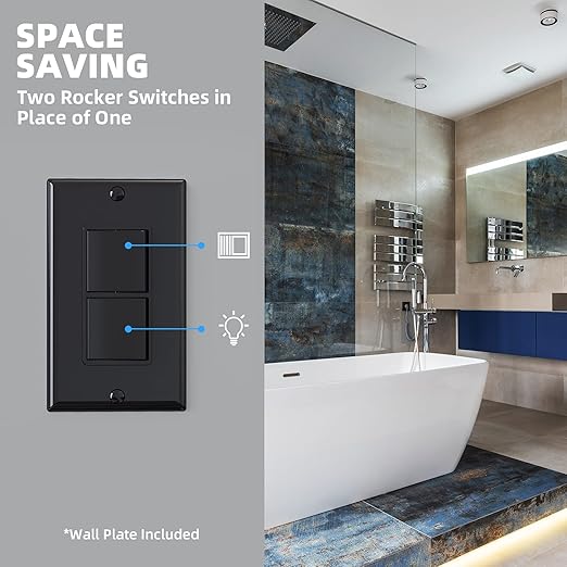 ELEGRP Decorator Double Rocker Light Switch, Two Single Pole Electrical Paddle, 15A 120V, In-Wall On/Off, Self-grounding, Wall Plate Included, UL Listed (1 Pack, Glossy Black)