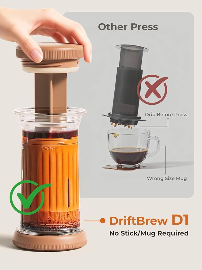 DriftBrew D1 All-in-one Portable Coffee Maker with 200-Count Paper Filters Included, Cold & Hot Brew, a French-press Style Coffee Press for Travel, Hiking & Camping