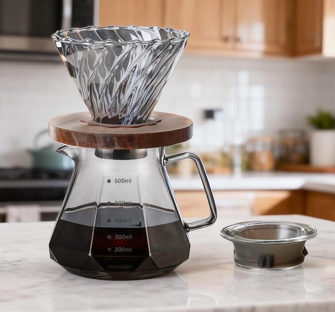 BeeCa Smoked Glass Pour Over Coffee Maker Set, 20oz/600ml All-in-One Brewer, Borosilicate Carafe with Handle & Lid, Includes 50 cone-shaped paper filters (Size 02), Home Office Essential
