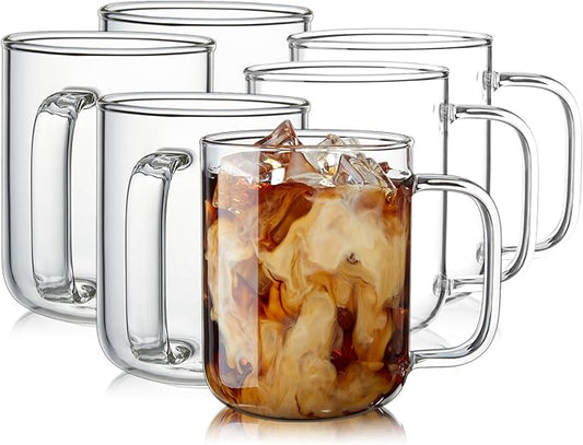 Glass Coffee Mugs, 12 oz iced coffee cups, Clear Tea Cups Set of 6, Glass Mugs with Handles, Glass Cups for Latte, Cappuccino, and Tea