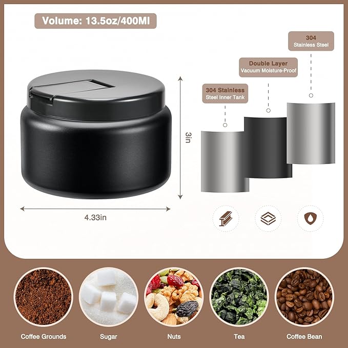 Coffee Canister, Premium Stainless Insulated Vacuum Steel Coffee Bean Storage Container Travel Jar, Kitchen Food Airtight Coffee Grounds Container for Tea, Sugar, Flour (13.5oz-Black New)