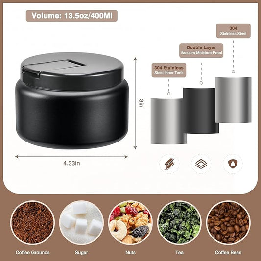 Coffee Canister, Premium Stainless Insulated Vacuum Steel Coffee Bean Storage Container Travel Jar, Kitchen Food Airtight Coffee Grounds Container for Tea, Sugar, Flour (13.5oz-Black New)