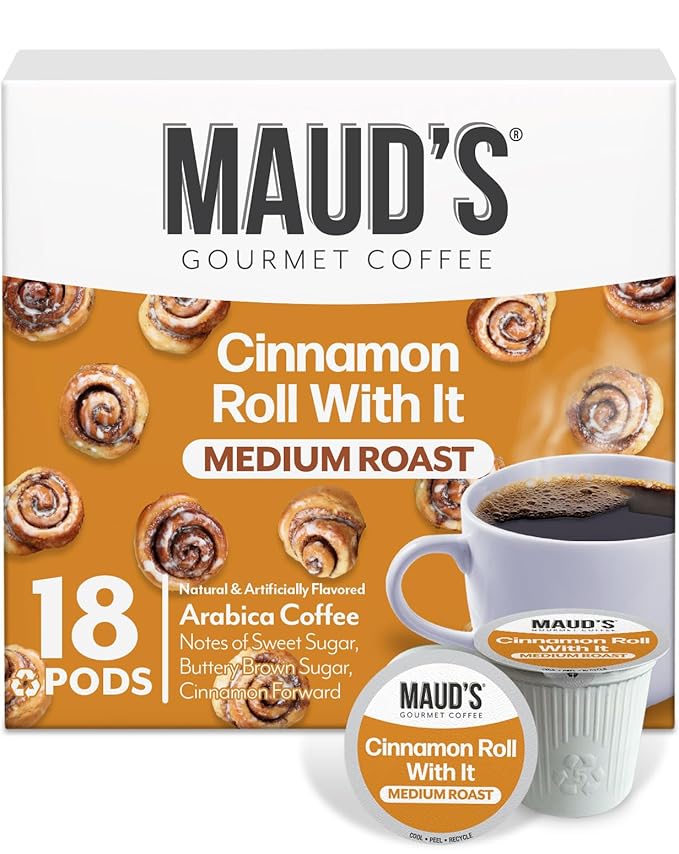 Maud's Cinnamon Roll Flavored Coffee Pods, 18 ct, Medium Roast Flavored Coffee in Recyclable Single Serve Pods – 100% Arabica Beans, Compatible with Keurig K Cups Maker