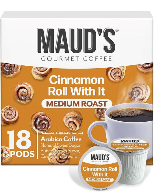 Maud's Cinnamon Roll Flavored Coffee Pods, 18 ct, Medium Roast Flavored Coffee in Recyclable Single Serve Pods – 100% Arabica Beans, Compatible with Keurig K Cups Maker