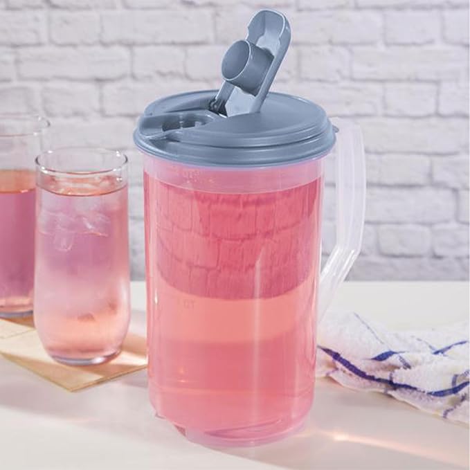 Sterilite 2 Quart Clear Round Plastic Pitcher, Dishwasher Proof with Blue Lid, Spout, and Handle for Easy Pouring, Washed Blue, 18-Pack