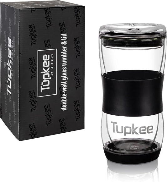 Tupkee 20 oz Double Wall Glass Tumbler With Lid – All Glass Hand Blown Reusable Insulated Travel Mug - For Coffee, Tea, Boba, Iced Coffee, and Smoothie Cup To Go – Black