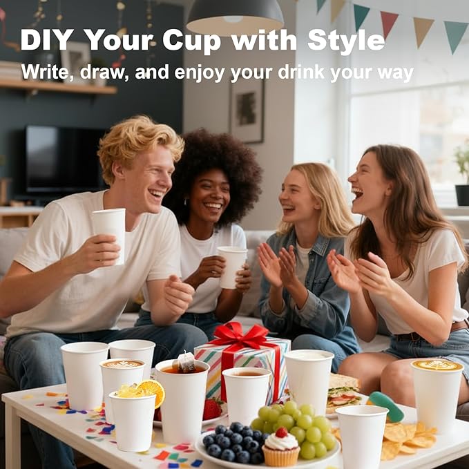 Coolcap 12 oz 100 Pack Disposable Coffee Cups, Bulk White Disposable Paper Cups, Coffee Cups for Hot Tea, Chocolate and Cold Drinks