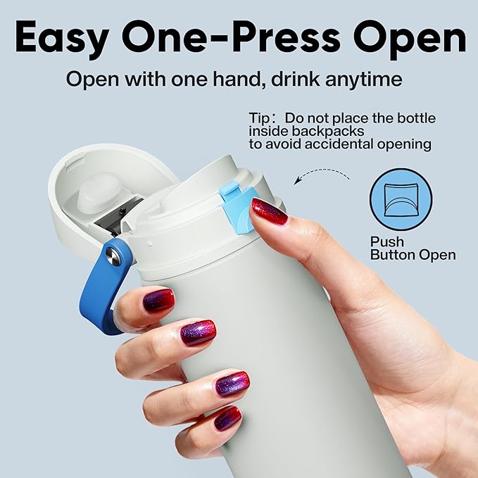 Insulated Water Bottle with Straw - Encool Stainless Steel Water Bottle with Push Button Lid, Leak-Proof & BPA-Free, Keeps Cold for 24 Hours for Sports, Travel, Gym (24 oz, Quill Grey-Blue)
