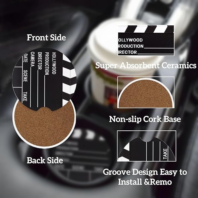 Car Cup Holder Coasters, 2 Pcs Ceramic Coasters with Finger Slot and Cork Back, Anti-Slip Shock Absorbing Women and Men Universal Car Accessories - Camera Board