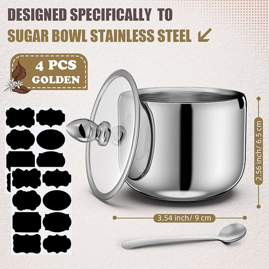 Baderke 4 Pcs 9.8 oz Stainless Steel Sugar Bowl Sugar Container Condiment Dispenser with Lid and Spoon with Tag for Spice Coffee Tea Pepper Herbs (Silver)