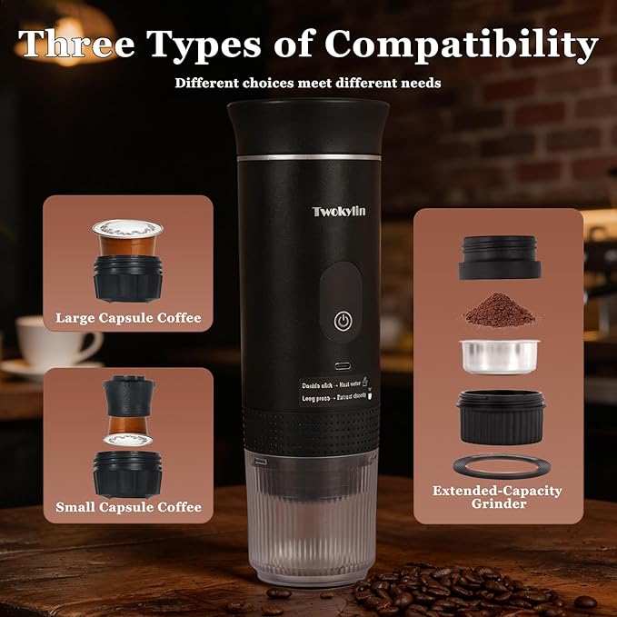 Espresso machine Portable coffee maker Small battery-powered coffee cup Self-heating portable espresso capsule machine,3-IN-1 Compatible with ground coffee and capsules Great for hiking and camping